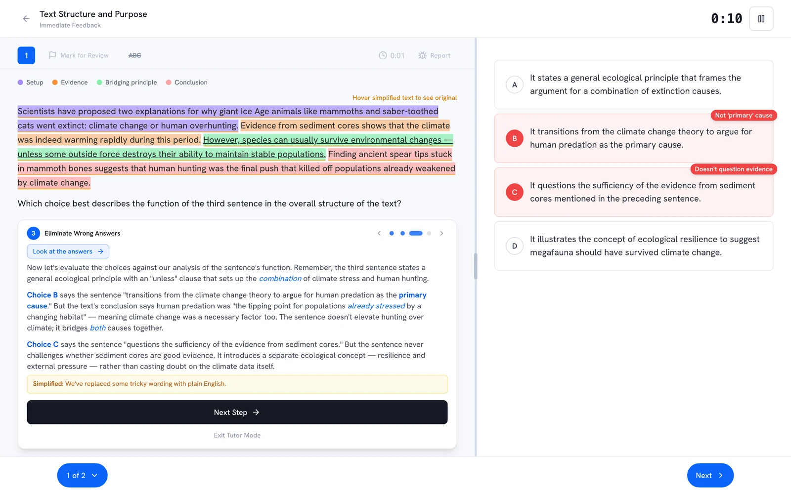 EduPark's Tutor Mode on an SAT Reading & Writing question: the passage highlighted by the role each sentence plays, and a step that rules out two wrong answers with the reason for each