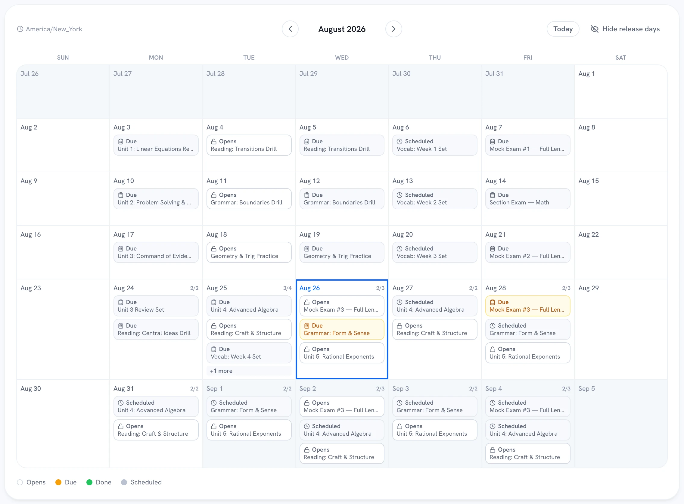 Class curriculum calendar: a month grid with each assignment's opens, due, and scheduled chips plus per-day completion counts