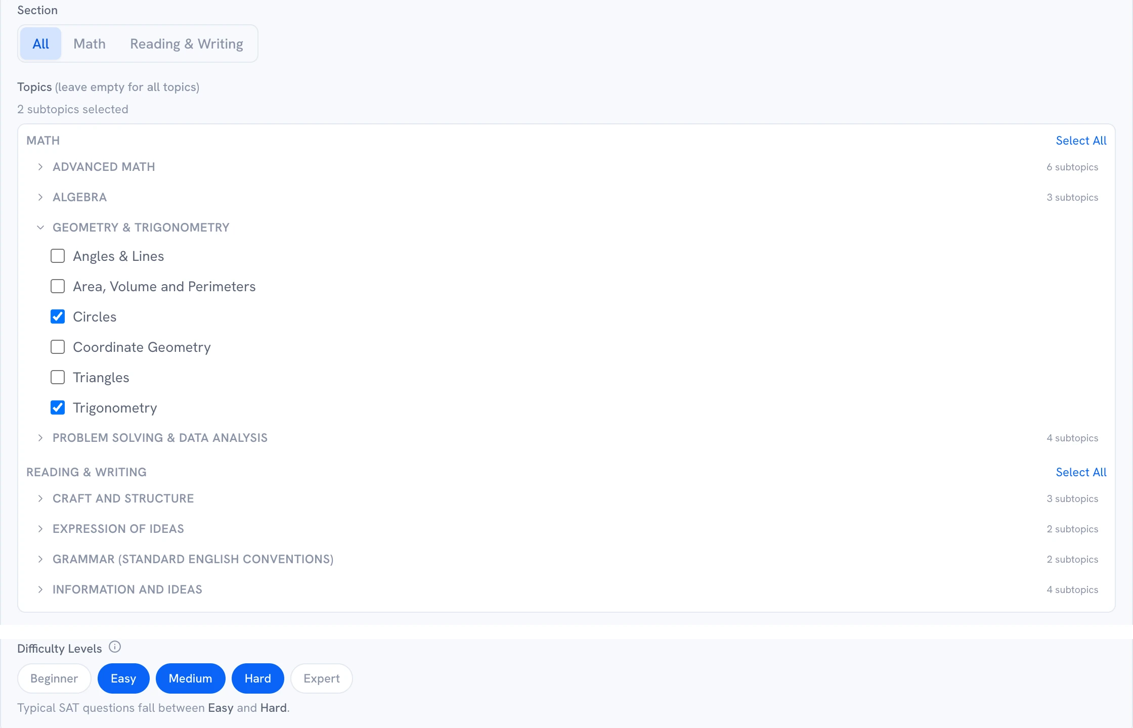 Assignment wizard targeting: SAT topic tree with subtopic checkboxes and difficulty bands